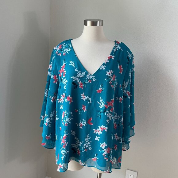Lane Bryant Womens Plus 22/24 Teal Floral V Neck Flowy Blouse Bell Sleeves Top - Picture 2 of 10